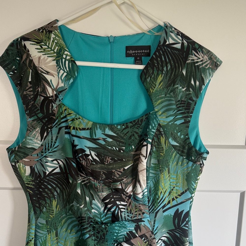 Connected Apparel Green and Black Leaf Print Midi Dress